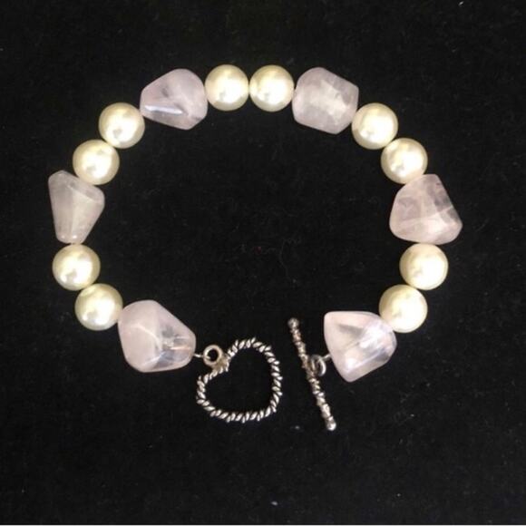 Handmade Vintage Inspired Faux Pearl Pink Gemstones Necklace & Two Bracelets Set - Picture 9 of 16